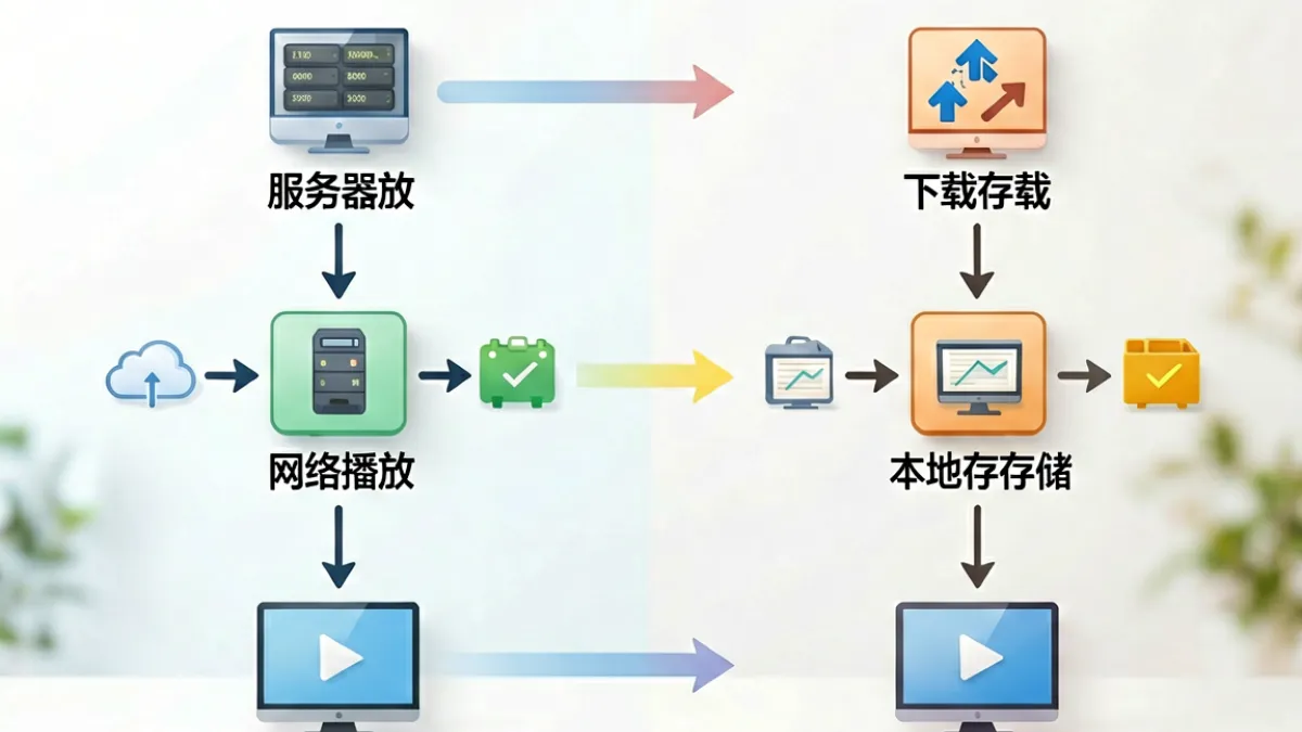 视频在线观看与离线缓存两种模式的流程对比示意图，标注网络依赖度与适用场景差异